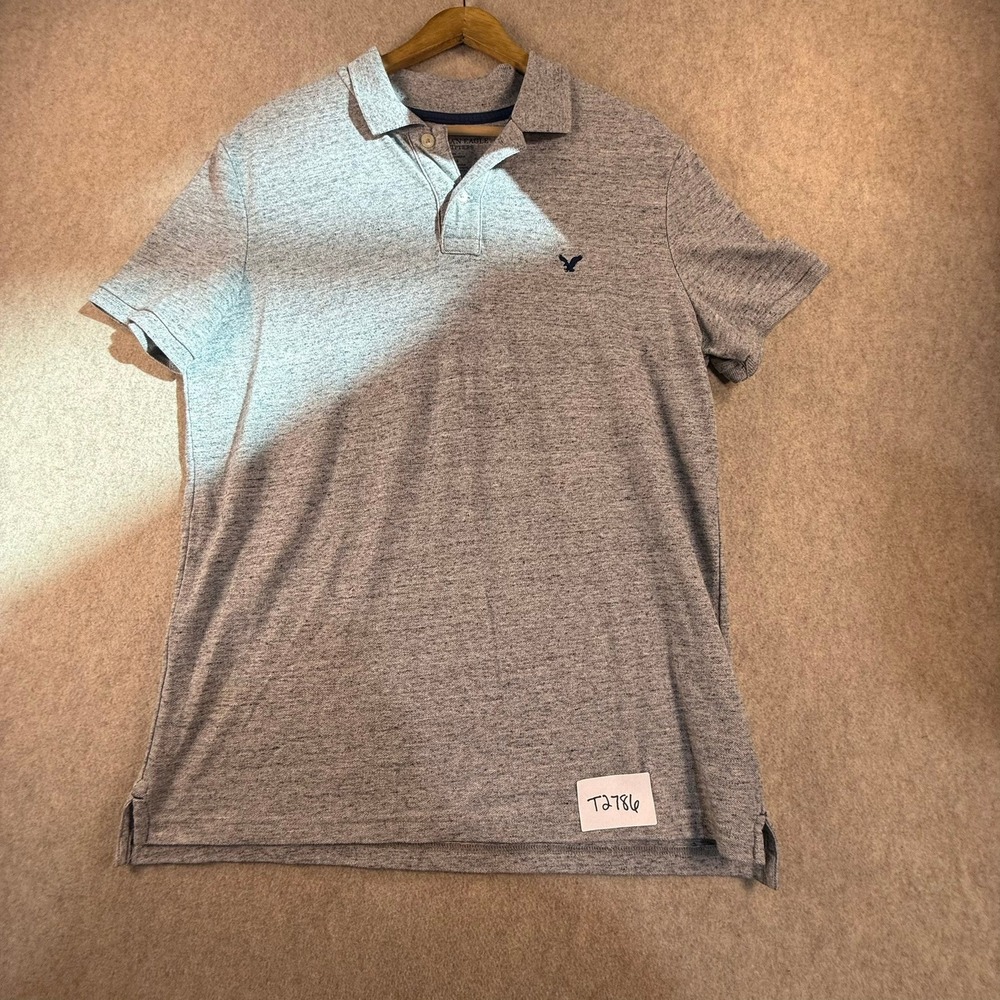 American Eagle Mens Classic Fit Polo Shirt Grey Marl Short Sleeve Size Large